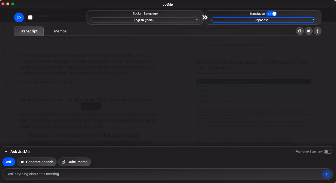 How to Use Live Translation JotMe Mobile App