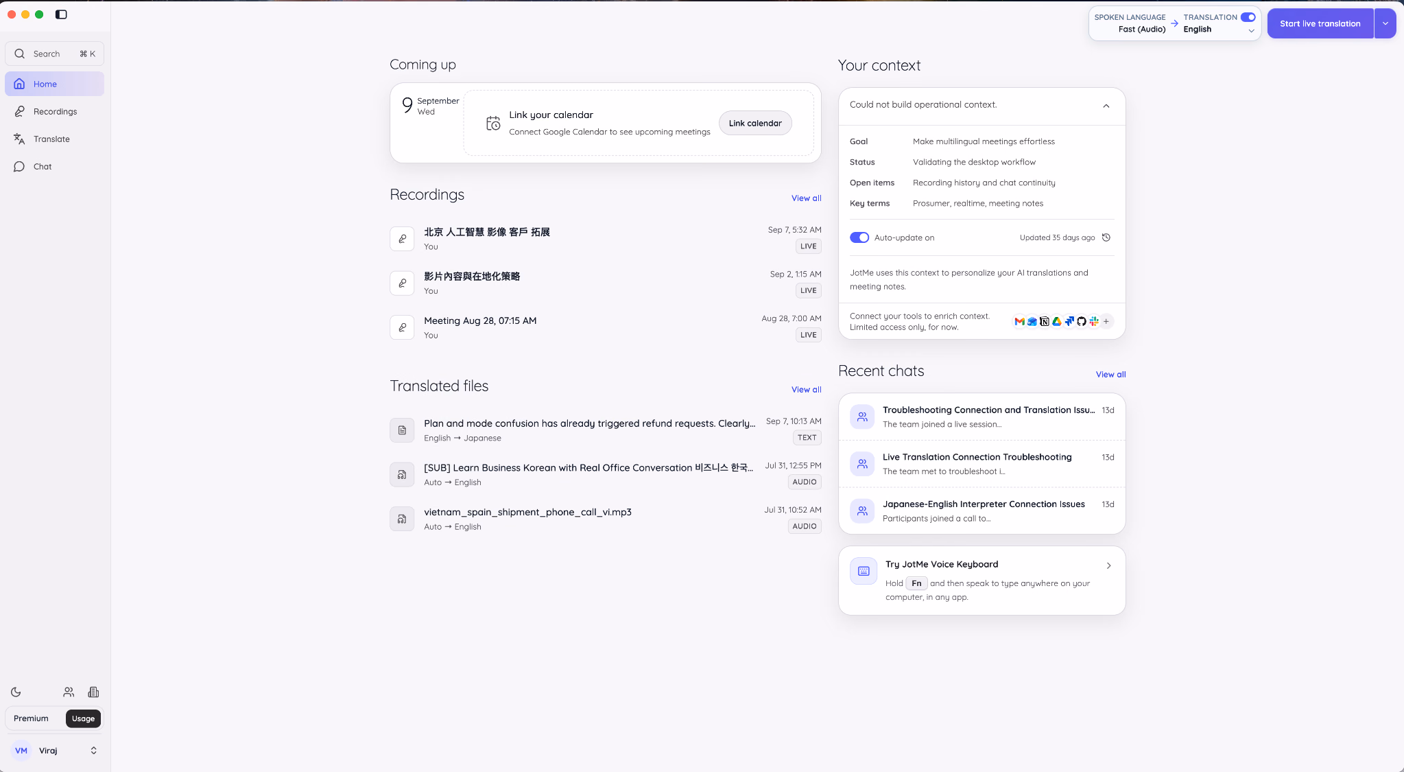 JotMe desktop dashboard