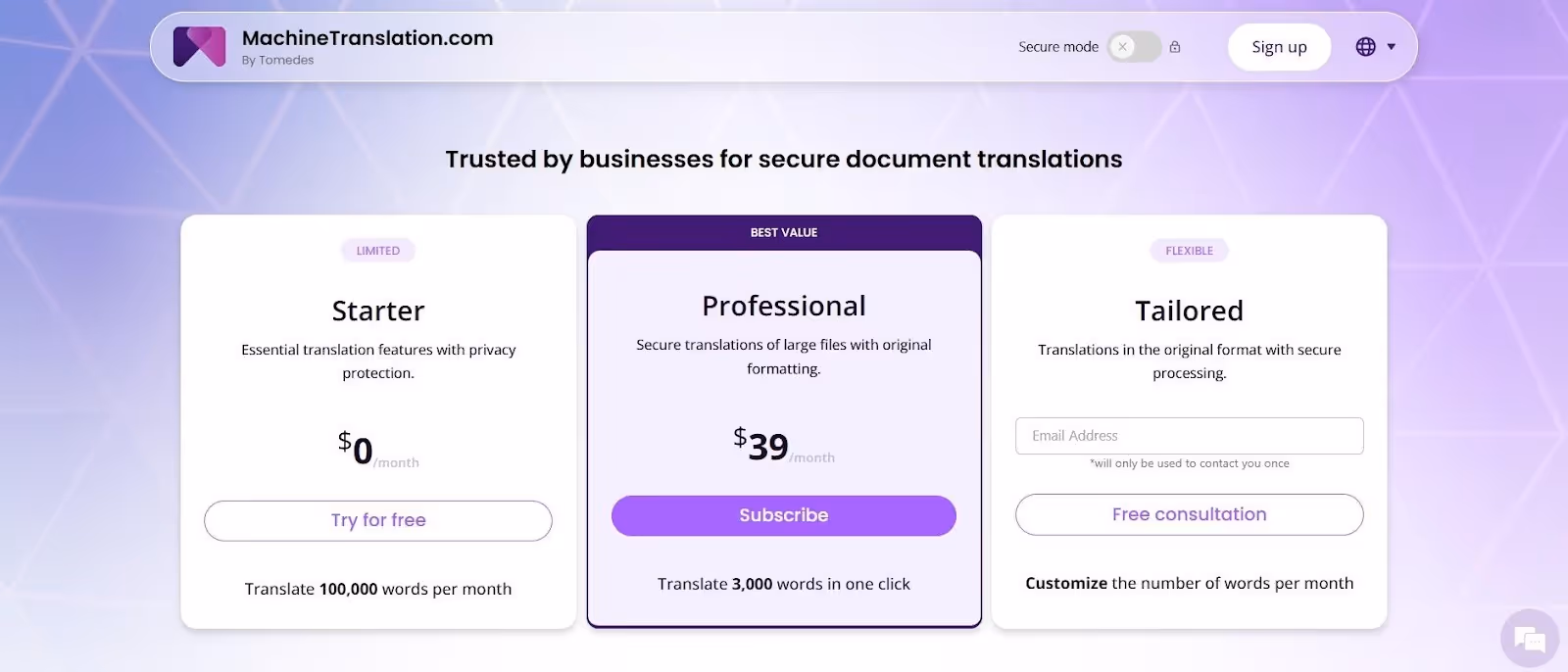 machinetranslation pricing plan