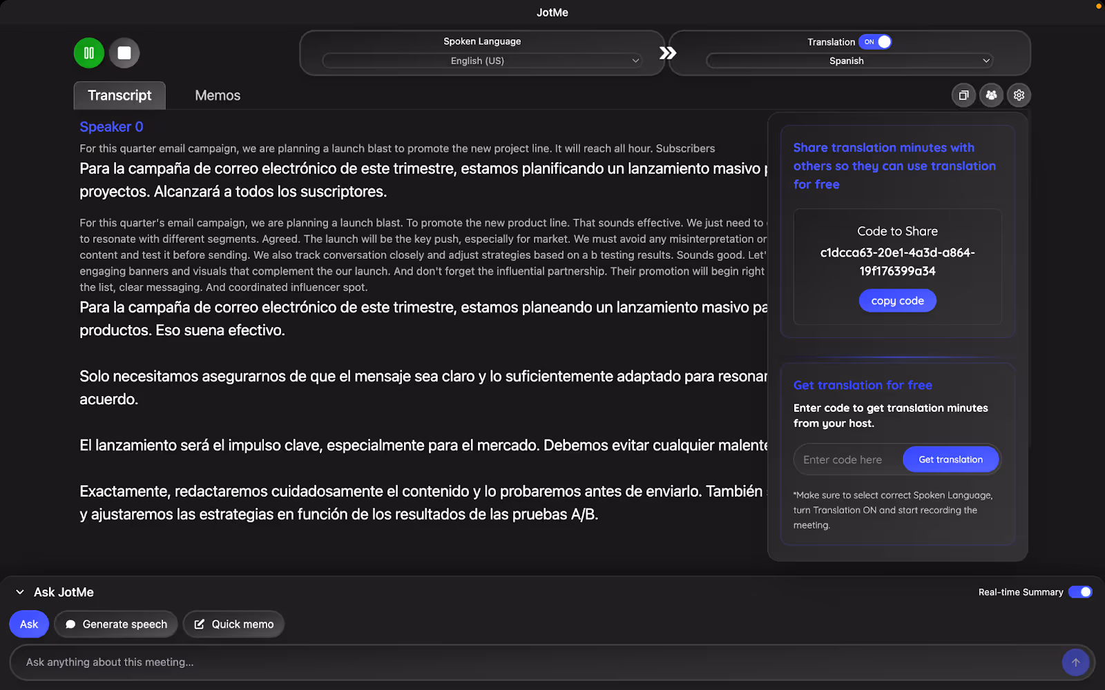 jotme share translation minutes