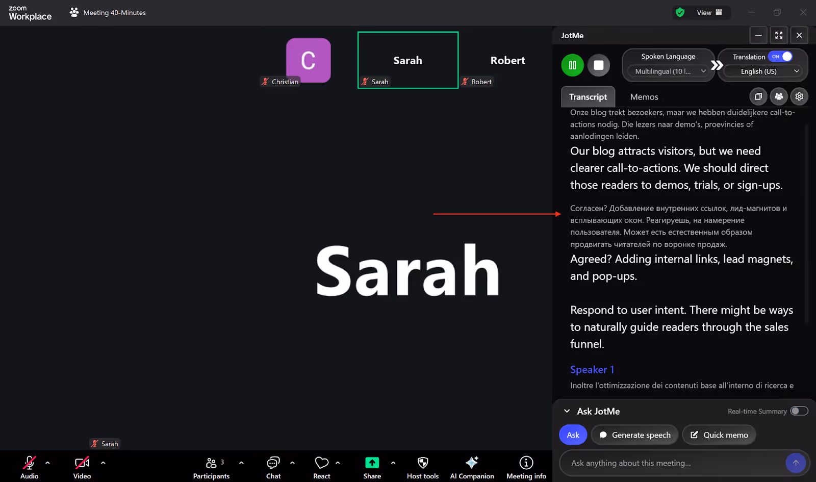 jotme multilingual meetings transcription and translation